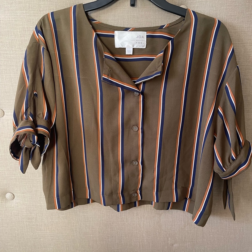 J.O.A. Army green Brown Striped Button Down Shirt